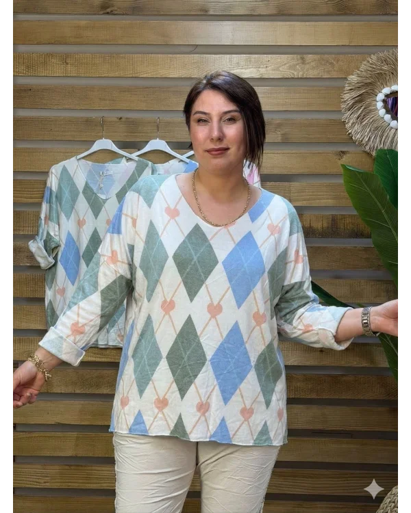 İtalyan Tasarım V Yaka Dijital Baskı Angora Karışım Hafif Bluz Haki