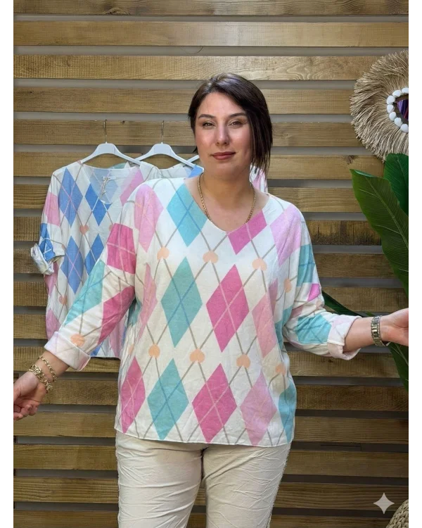 İtalyan Tasarım V Yaka Dijital Baskı Angora Karışım Hafif Bluz Türk Mavi