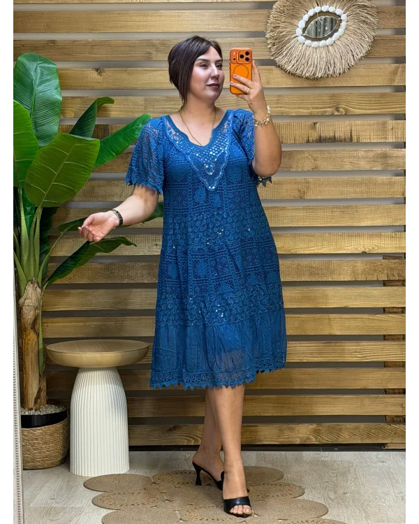 İtalyan Tasarım Yakası Pul Detaylı İpek Elbise Mavi