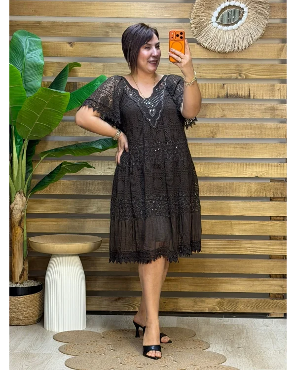 İtalyan Tasarım Yakası Pul Detaylı İpek Elbise Acı Kahve