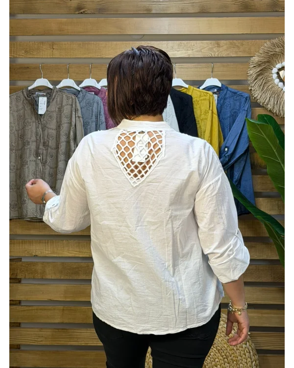 İtalyan Tasarım Nakış İşlemeli Sırt Detay İpek Gömlek Beyaz