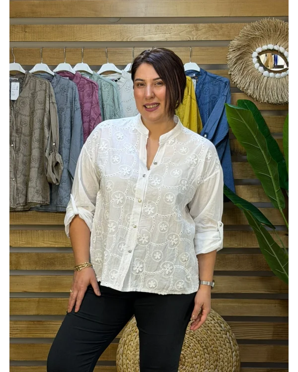 İtalyan Tasarım Nakış İşlemeli Sırt Detay İpek Gömlek Beyaz