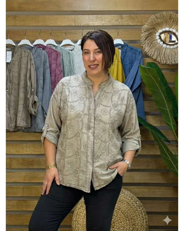 İtalyan Tasarım Nakış İşlemeli Sırt Detay İpek Gömlek Bej