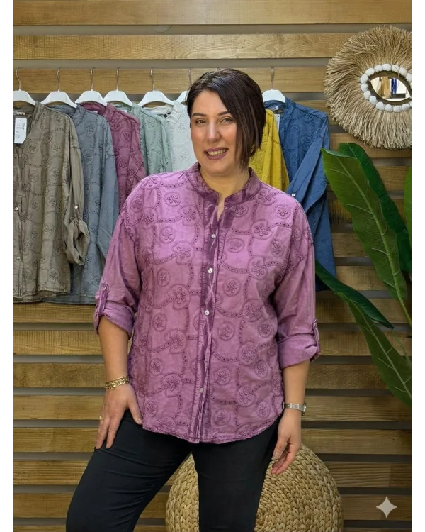 İtalyan Tasarım Nakış İşlemeli Sırt Detay İpek Gömlek Mürdüm