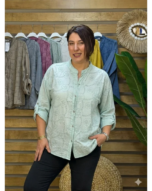 İtalyan Tasarım Nakış İşlemeli Sırt Detay İpek Gömlek Su Yeşili