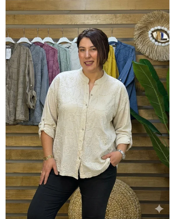 İtalyan Tasarım Nakış İşlemeli Sırt Detay İpek Gömlek Kemik