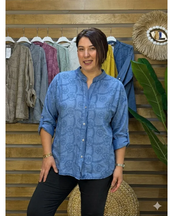 İtalyan Tasarım Nakış İşlemeli Sırt Detay İpek Gömlek Mavi