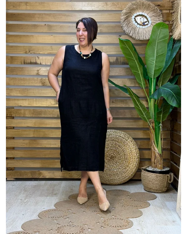 İtalyan Tasarım Sırt İşleme Detaylı Keten Elbise Siyah