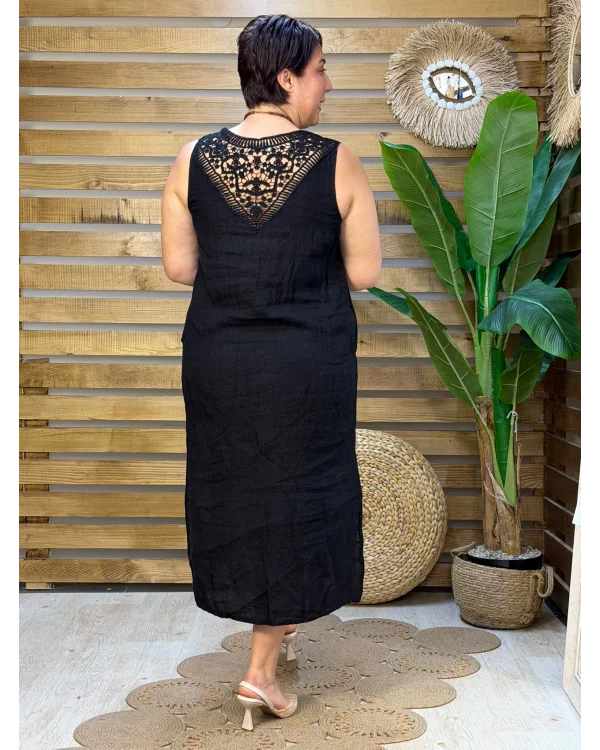 İtalyan Tasarım Sırt İşleme Detaylı Keten Elbise Siyah