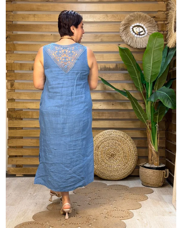 İtalyan Tasarım Sırt İşleme Detaylı Keten Elbise Mavi