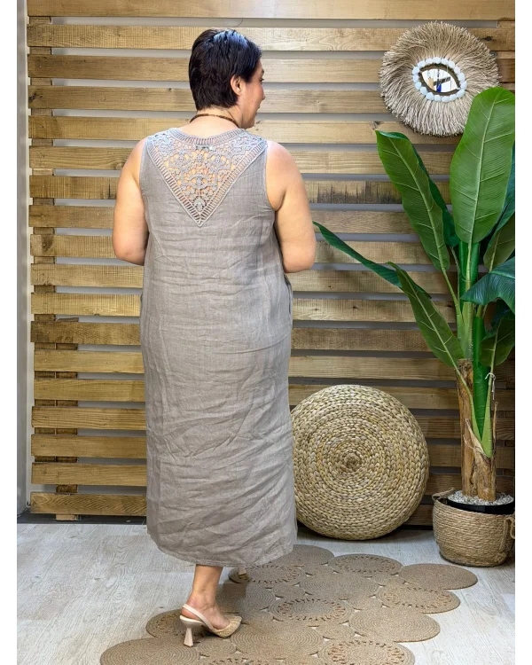 İtalyan Tasarım Sırt İşleme Detaylı Keten Elbise Vizon