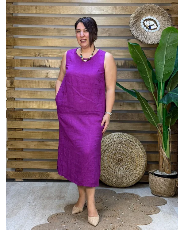 İtalyan Tasarım Sırt İşleme Detaylı Keten Elbise Erguvan