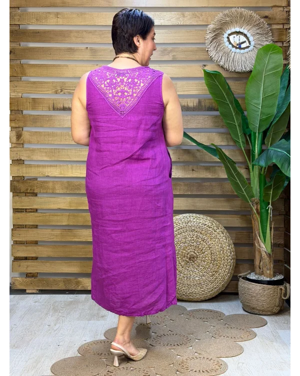 İtalyan Tasarım Sırt İşleme Detaylı Keten Elbise Erguvan