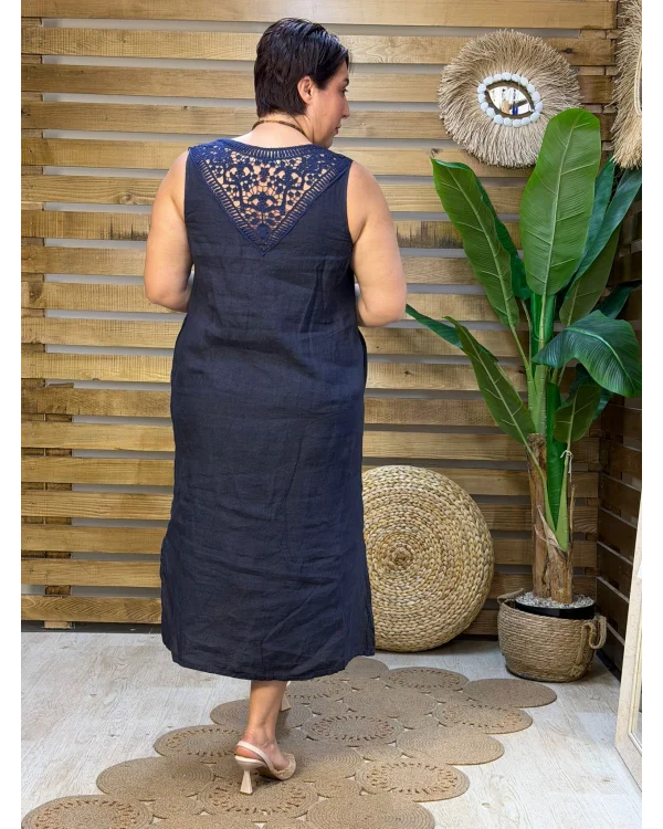 İtalyan Tasarım Sırt İşleme Detaylı Keten Elbise Lacivert