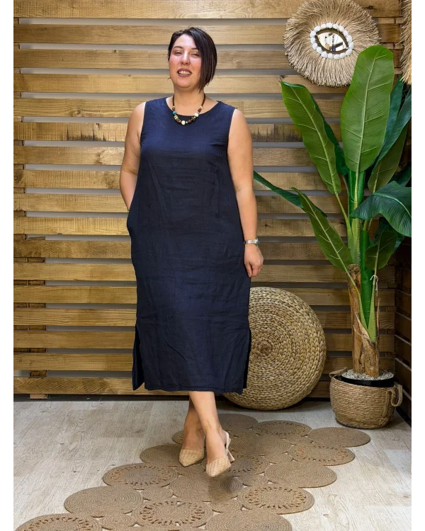İtalyan Tasarım Sırt İşleme Detaylı Keten Elbise Lacivert