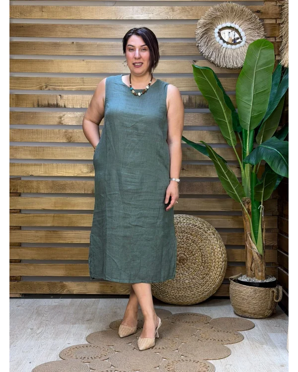 İtalyan Tasarım Sırt İşleme Detaylı Keten Elbise Haki