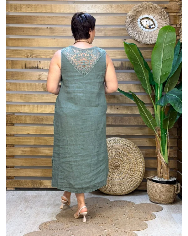 İtalyan Tasarım Sırt İşleme Detaylı Keten Elbise Haki