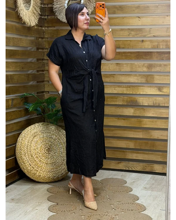 İtalyan Tasarım Önü Bağlama Detaylı Keten Elbise Siyah