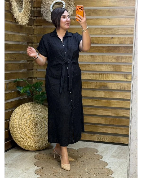 İtalyan Tasarım Önü Bağlama Detaylı Keten Elbise Siyah