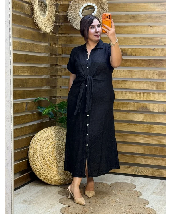 İtalyan Tasarım Önü Bağlama Detaylı Keten Elbise Siyah