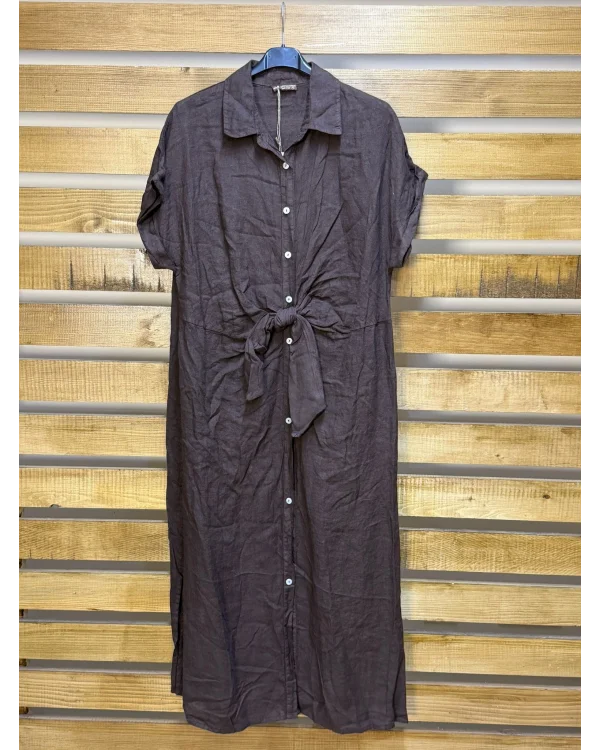 İtalyan Tasarım Önü Bağlama Detaylı Keten Elbise Kahverengi