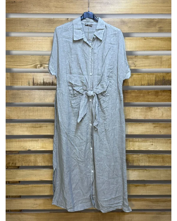 İtalyan Tasarım Önü Bağlama Detaylı Keten Elbise Vizon