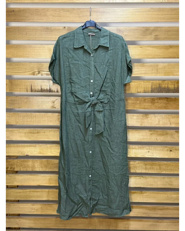 İtalyan Tasarım Önü Bağlama Detaylı Keten Elbise Haki