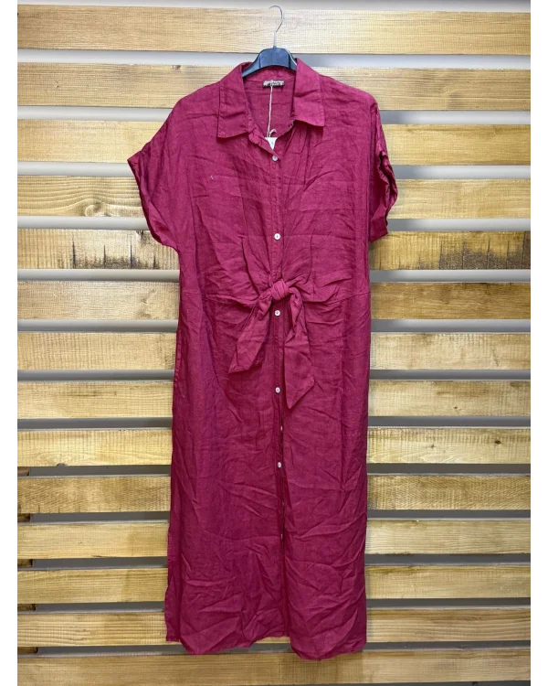 İtalyan Tasarım Önü Bağlama Detaylı Keten Elbise Şarabi