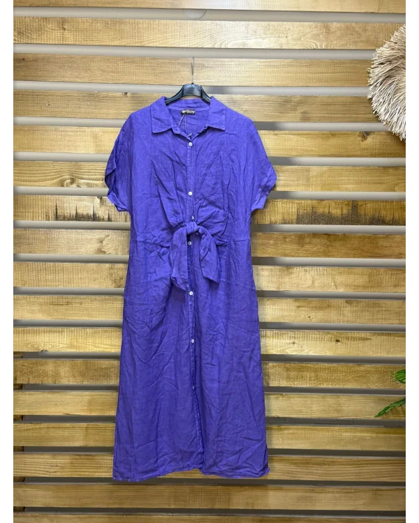 İtalyan Tasarım Önü Bağlama Detaylı Keten Elbise Mor