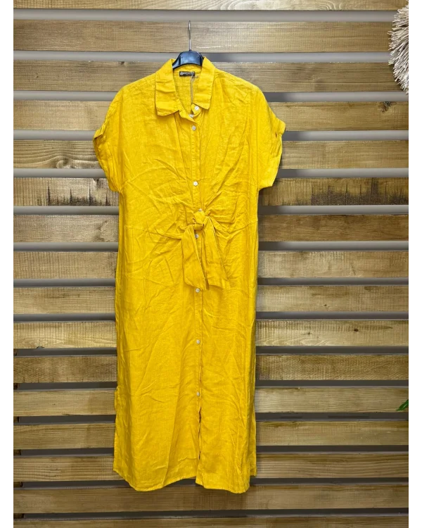 İtalyan Tasarım Önü Bağlama Detaylı Keten Elbise Sarı