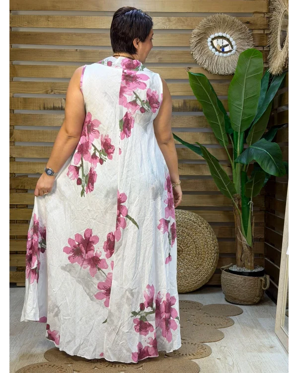 İtalyan Tasarım Dijital Baskı Çiçek Desen Ham Keten Elbise Beyaz