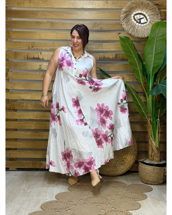 İtalyan Tasarım Dijital Baskı Çiçek Desen Ham Keten Elbise Beyaz