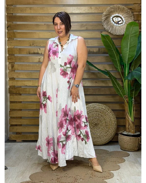 İtalyan Tasarım Dijital Baskı Çiçek Desen Ham Keten Elbise Beyaz