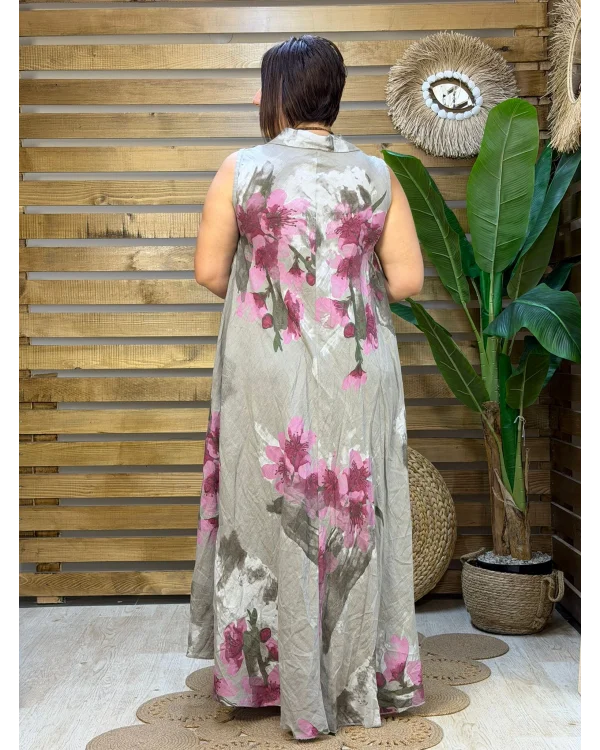 İtalyan Tasarım Dijital Baskı Çiçek Desen Ham Keten Elbise Vizon