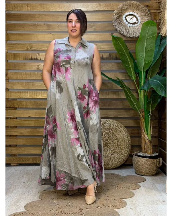 İtalyan Tasarım Dijital Baskı Çiçek Desen Ham Keten Elbise Vizon