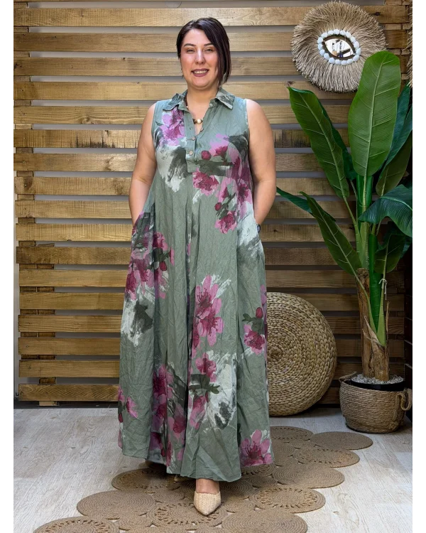 İtalyan Tasarım Dijital Baskı Çiçek Desen Ham Keten Elbise Haki