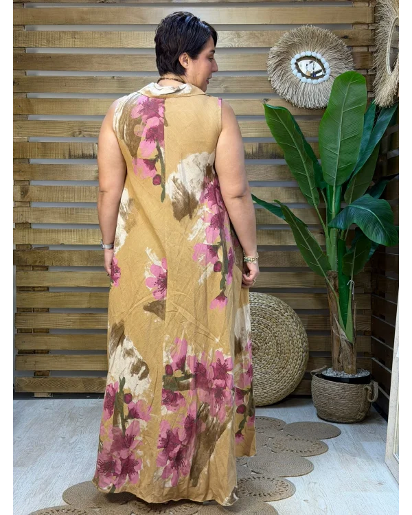 İtalyan Tasarım Dijital Baskı Çiçek Desen Ham Keten Elbise Camel