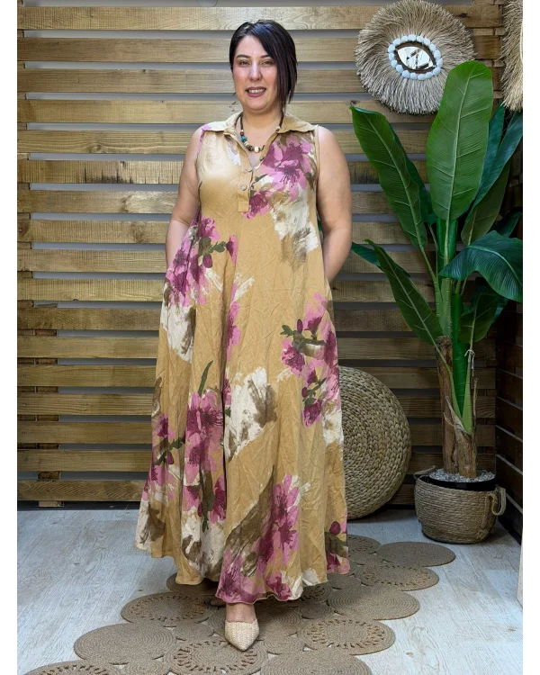 İtalyan Tasarım Dijital Baskı Çiçek Desen Ham Keten Elbise Camel