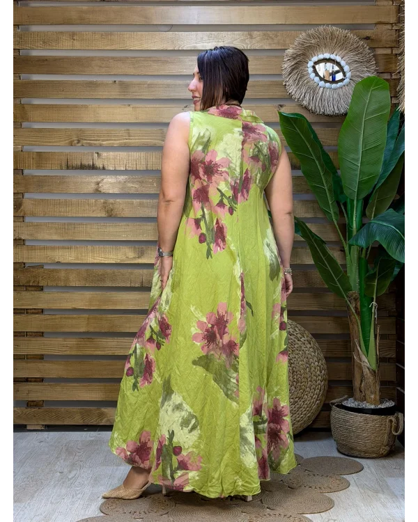 İtalyan Tasarım Dijital Baskı Çiçek Desen Ham Keten Elbise Fıstık Yeşil