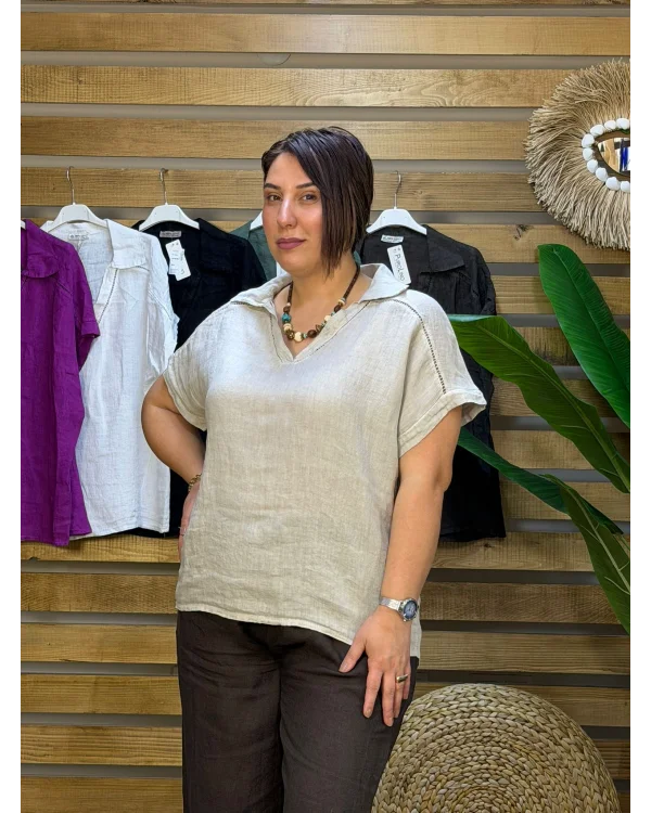 İtalyan Tasarım Gömlek Yaka Ham Keten Bluz Krem
