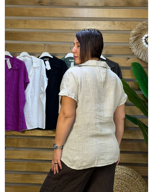 İtalyan Tasarım Gömlek Yaka Ham Keten Bluz Krem