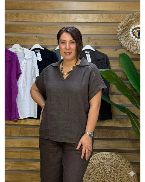 İtalyan Tasarım Gömlek Yaka Ham Keten Bluz Acı Kahve