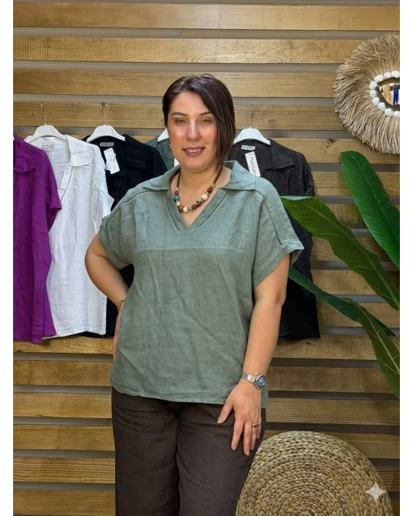 İtalyan Tasarım Gömlek Yaka Ham Keten Bluz Haki