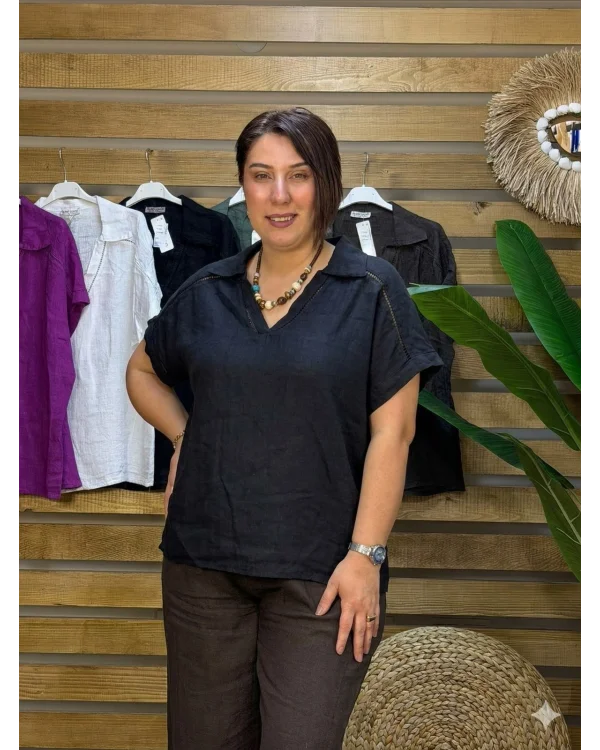 İtalyan Tasarım Gömlek Yaka Ham Keten Bluz Siyah