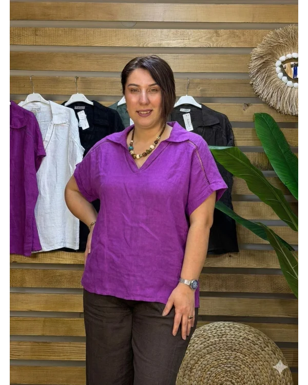 İtalyan Tasarım Gömlek Yaka Ham Keten Bluz Erguvan