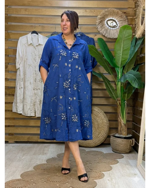 İtalyan Tasarım Nakış İşleme Pul Detaylı Gömlek Elbise Mavi