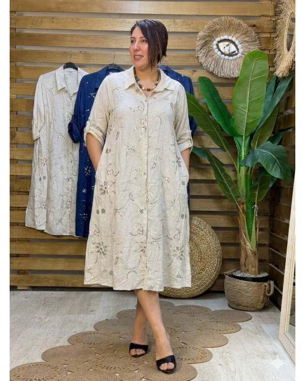 İtalyan Tasarım Nakış İşleme Pul Detaylı Gömlek Elbise Krem