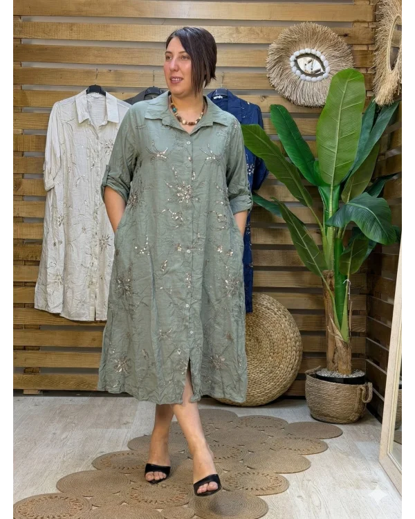 İtalyan Tasarım Nakış İşleme Pul Detaylı Gömlek Elbise Haki