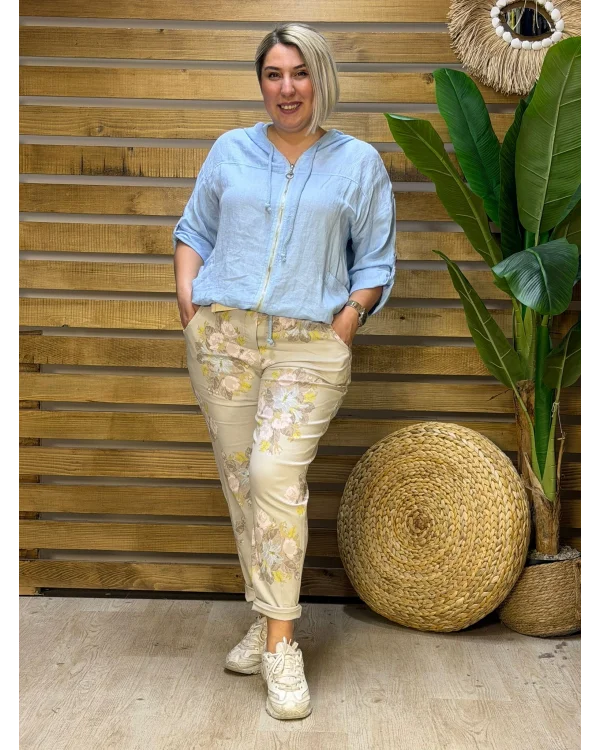 İtalyan Tasarım Çiçek Desen Full Likralı Kemerli Boyfriend Pantolon