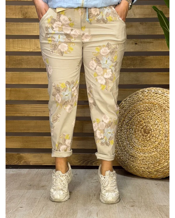 İtalyan Tasarım Çiçek Desen Full Likralı Kemerli Boyfriend Pantolon
